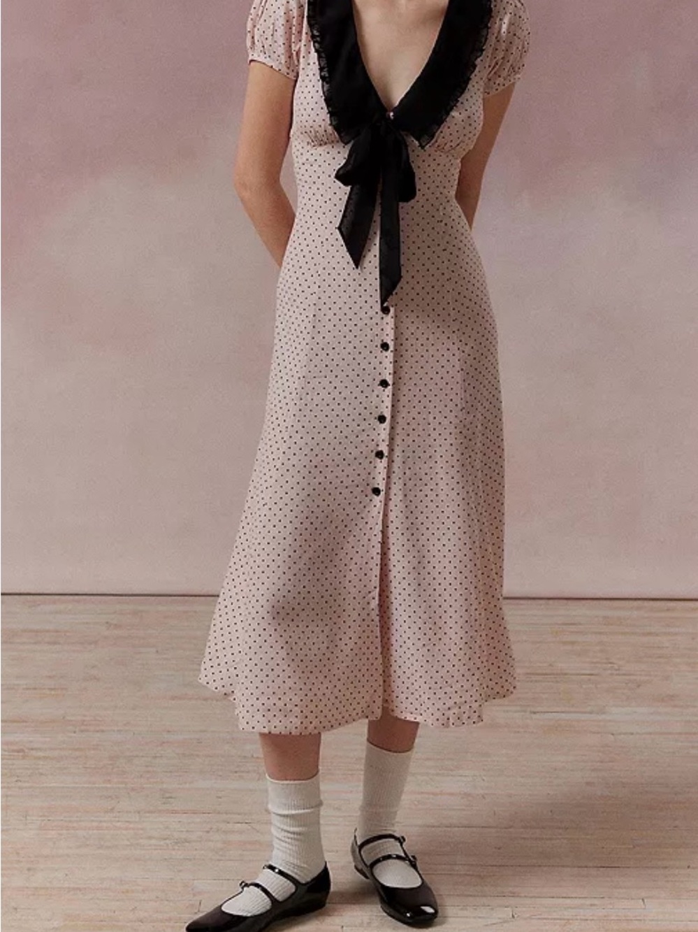 Kimchi Blue Giovanni Midi Dress in Blush Pink Polka Dots